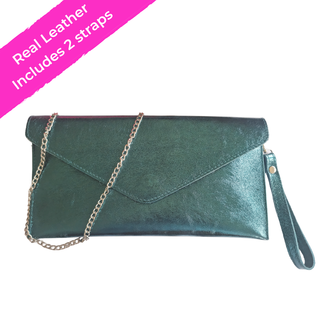 Emerald Green Orange Metallic Leather Clutch Bag