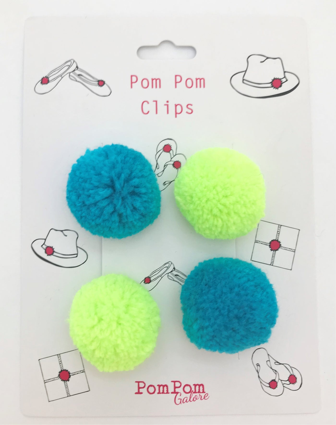 Electric Blue & Vivid Green Pom Pom Clips - Set of 4