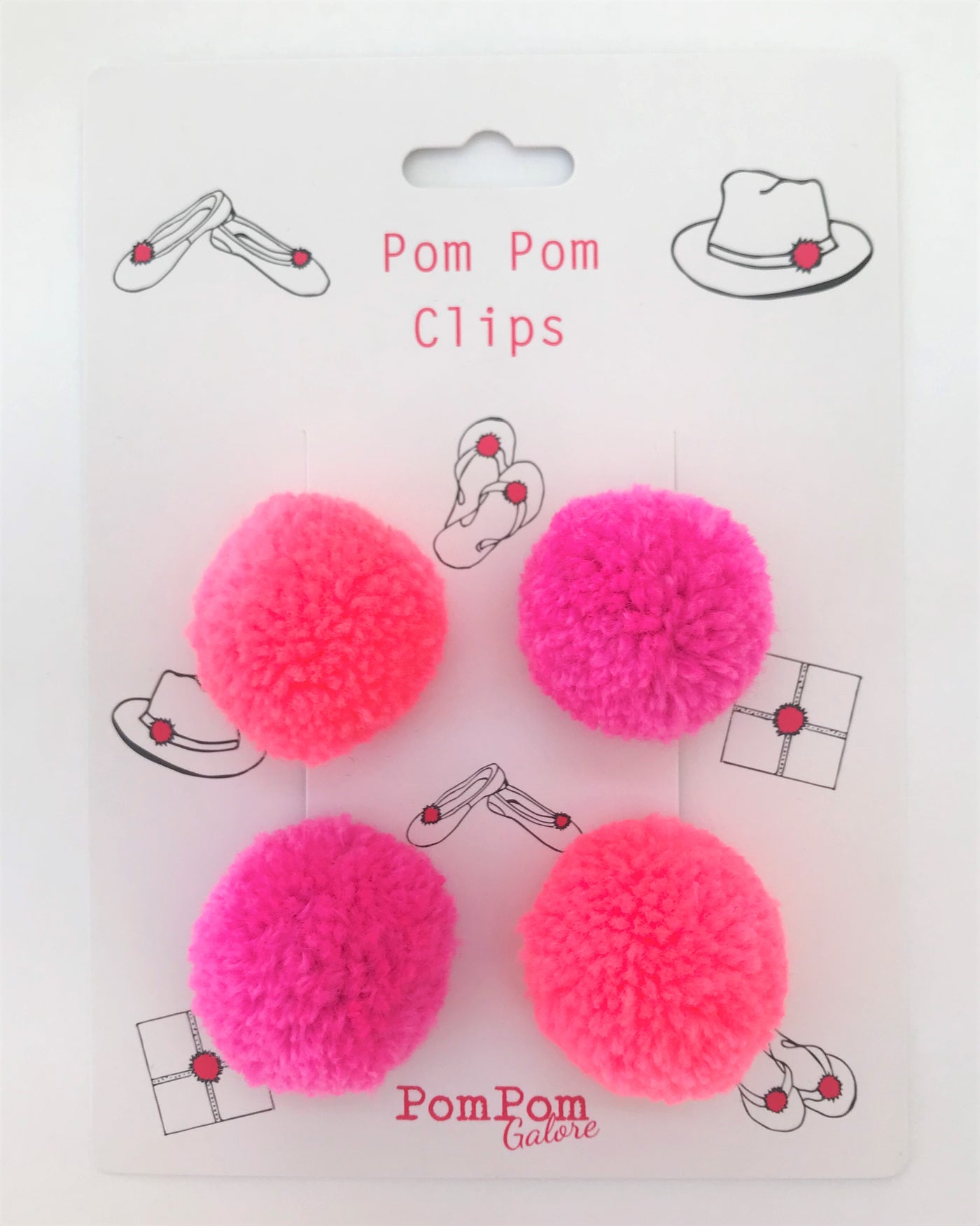 Hot Pink & Bright Orange Pom Pom Clips - Set of 4