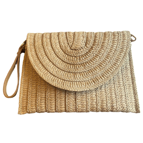 Straw Clutch Bag with Heart Bag Tag