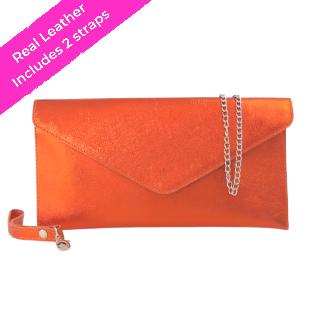 Bright Orange Metallic Leather Clutch Bag