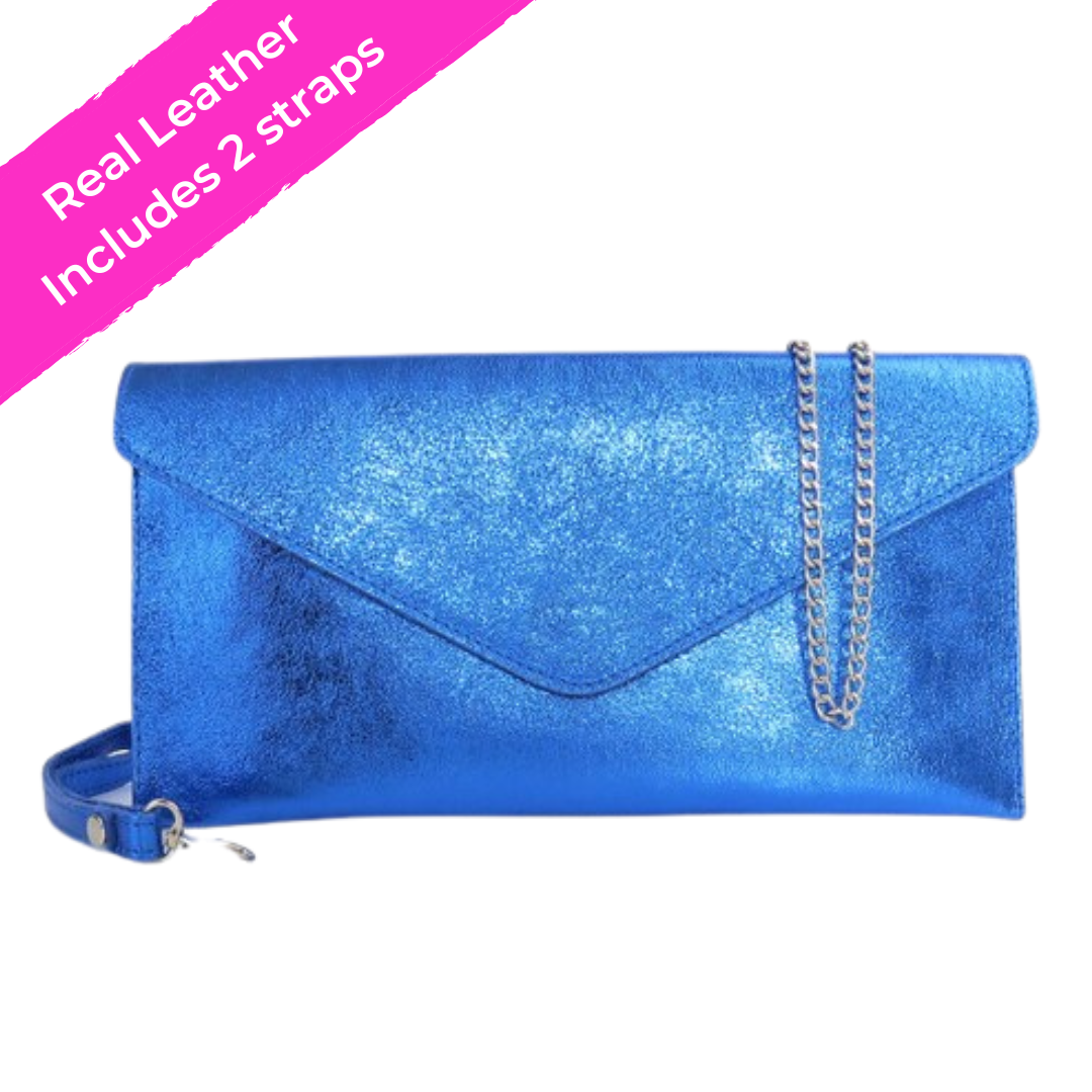Electric Blue Metallic Leather Clutch Bag