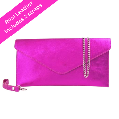 Hot Pink Metallic Leather Clutch Bag